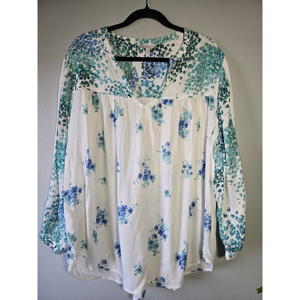 Lucky Brand Floral Boho‎ Blouse 1X Blue Green Peasant Top 100% Viscose Plus Size